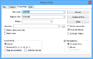 Showing the search options in Notepad++
